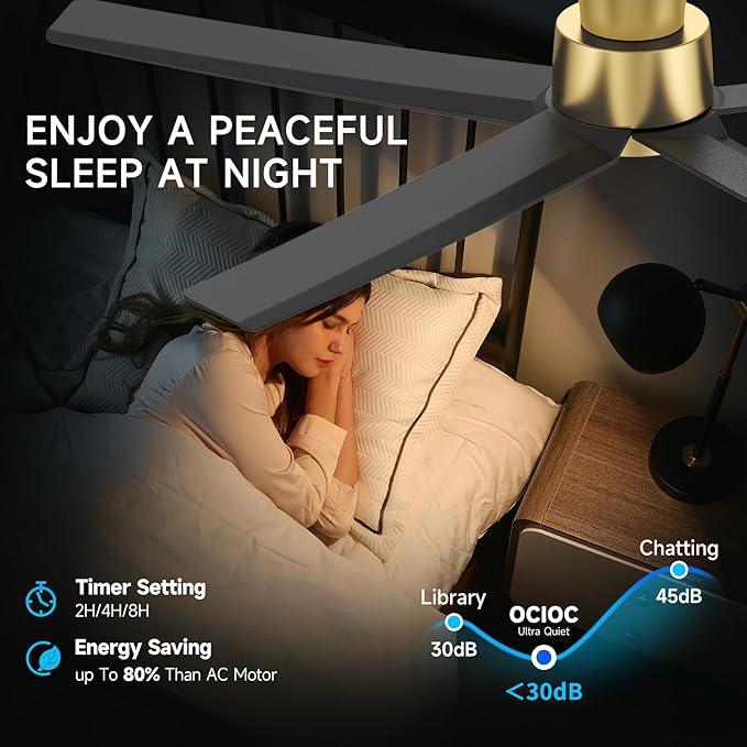ocioc 52 inch Ceiling Fans with Lights, Large Air Volume Ceiling Fans with Reversible Quiet DC Motor and Remote 2 Pack（Black-Gold）