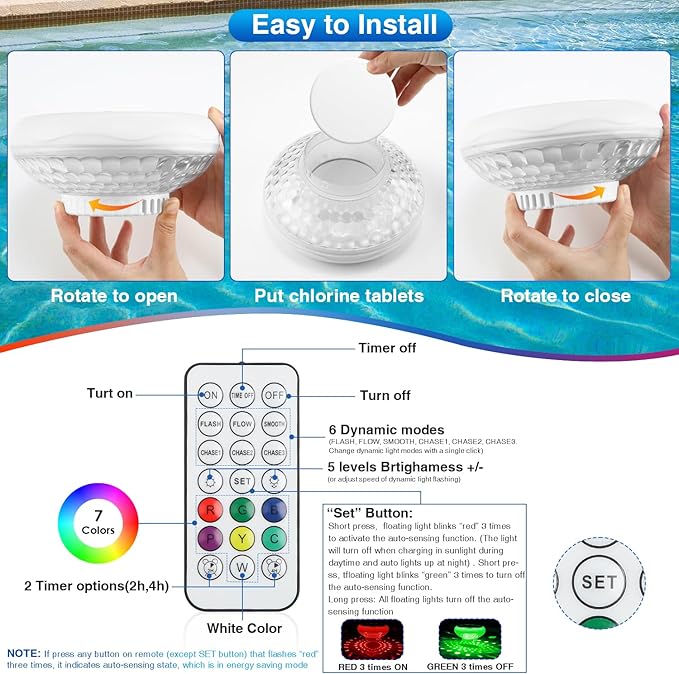 Solar Pool Chlorine Floater with Colorful Lights(2 Pack), 2600mAh Adjustable Release Easy-Open Chlorine Floater Dispenser, 6.69 Inch 13 Colors IP68 Waterproof Pool Chlorine Dispenser for Pools