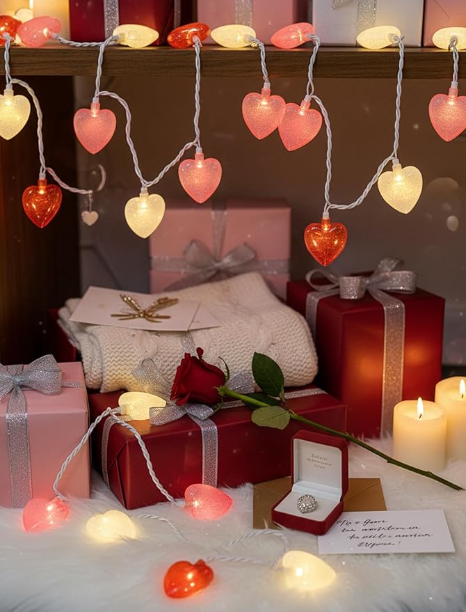 8.5ft Valentine’s Day Heart String Lights Plug in, Valentines Lights with 10 LED Red Pink White Shatterproof Bulbs, Fairy Lights for Indoor Outdoor Home Decor Wedding Party Birthday, Warm White