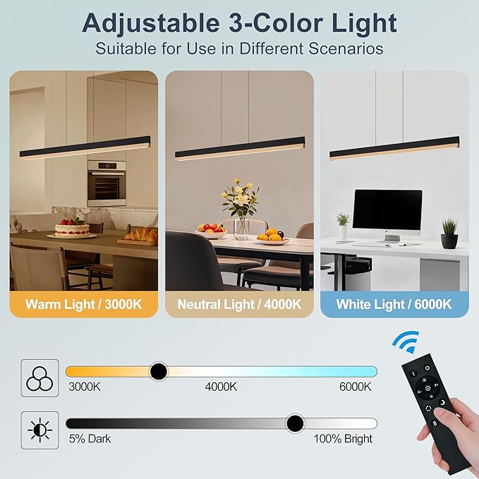 43" Wood Linear Pendant Light, 24W LED Dimmable Hanging Pendant Light, Wood Linear Chandelier with Remote, Modern Pendant Lights Kitchen Island for Dining Room, Bar, Office-Natural