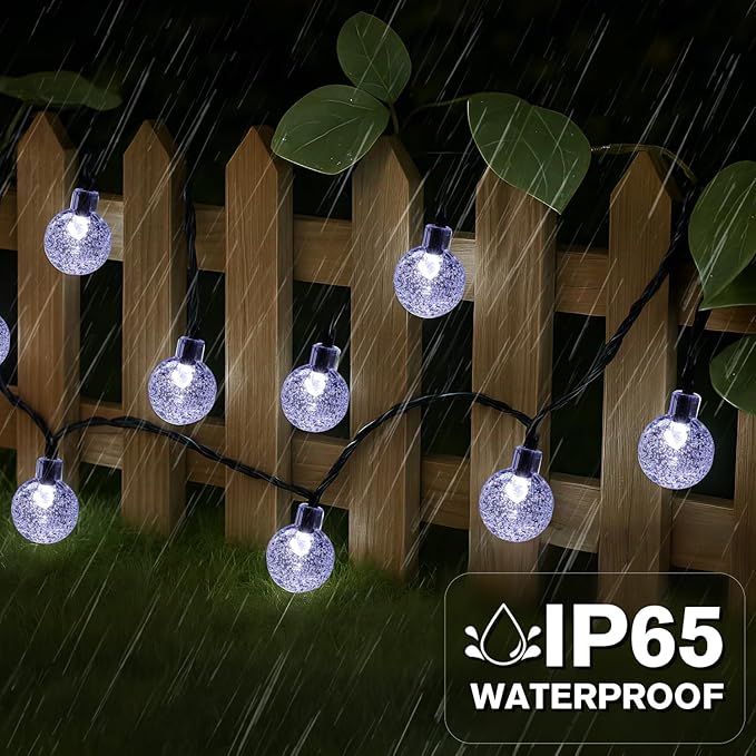 Metaku Solar String Lights for Outside, 20FT 30 LED Crystal Globe String Lights, Solar Powered Outdoor Light with 8 Lighting Modes, Patio Hanging Lights for Garden, Camping and Party Décor Cool White