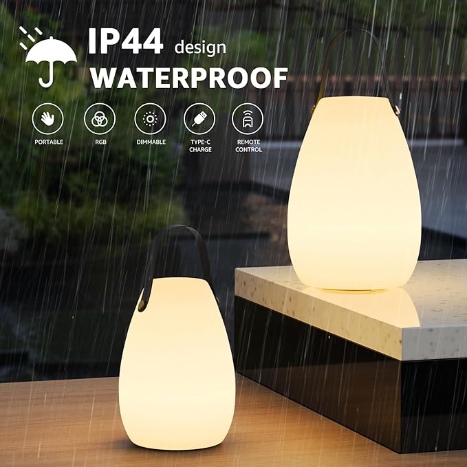 uuffoo 2 Pack Rechargeable Portable Table Lamp, Cordless RGB Lantern with Remote, Decorative LED Night Light, IP44 Waterproof Indoor Outdoor Lamp for Bedroom Patio Garden Wedding Party