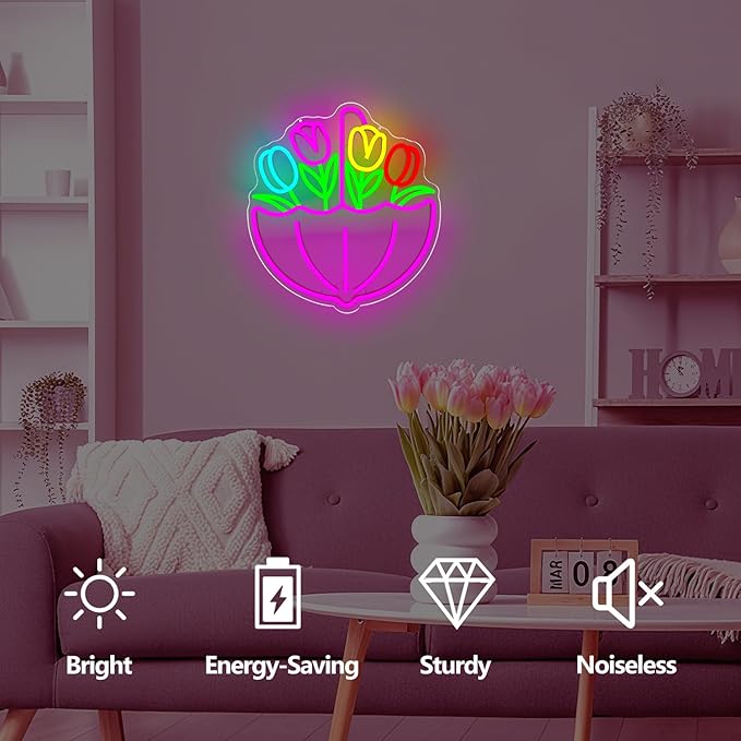 Spring Flower Umbrella Neon Sign Dimmable Tulips Neon Lights April Showers Bring May Flowers Led Sign Easter Wall Art Spring Decorations for Office Classroom
