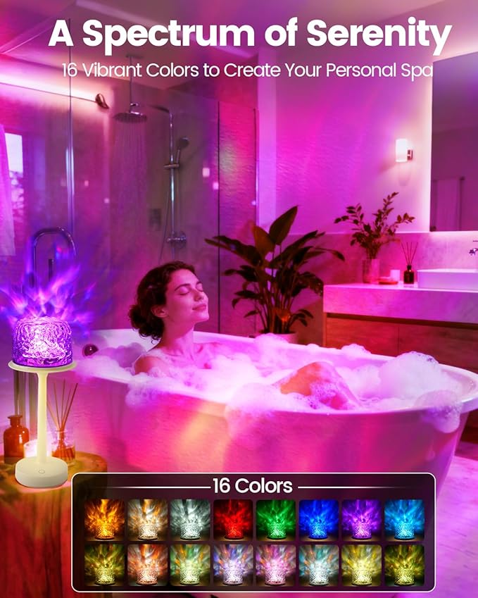 IP65 Waterproof Shower Lamp for Inside Shower Bathroom Light with 16 Color Ocean Wave Projector, Rechargeable Shower Lights with Touch & Remote Control, Ocean Waterproof Lamp for Shower/Bathroom