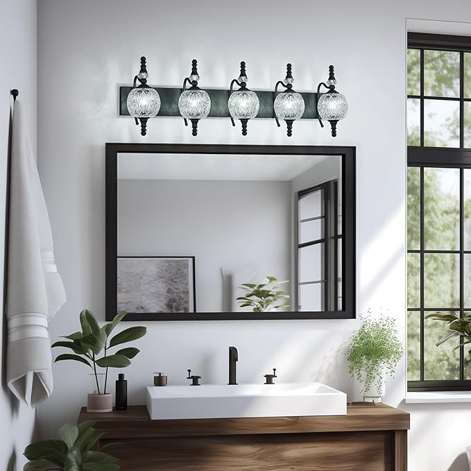 Modern Crystal Bathroom Vanity Lights Fixtures Over Mirror Black Vintage 5-Lights 36 Inch Bathroom Light Fixtures Glass Crystal Vanity Lights