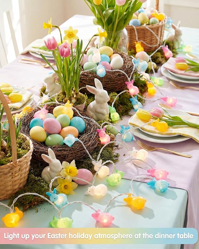 SUNSGNE Easter Cute Rabbit String Lights Bunny Fairy Lights, 8.5ft Easter Bunny Ornaments String Lights with 10 Multicolor Bunny Lights for Outdoor Indoor Room Bedroom Wall Home Decoration