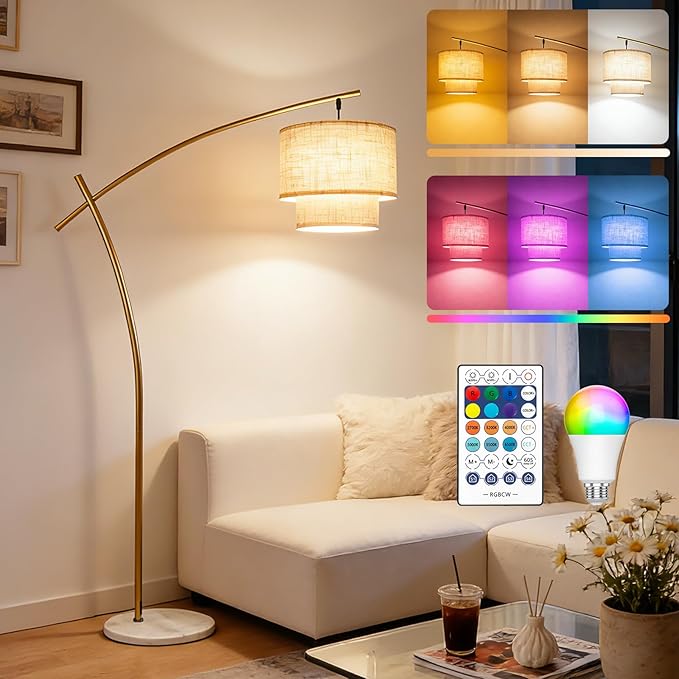 Lightdot Arc RGB Floor Lamp for Living Room, Modern Standing Lamps with Remote Control, Corner Lamp Tall Hanging Pole Lamp with Smart Bulb Included Double Linen Lamp for Bedroom Sofa Beside/Home Decor