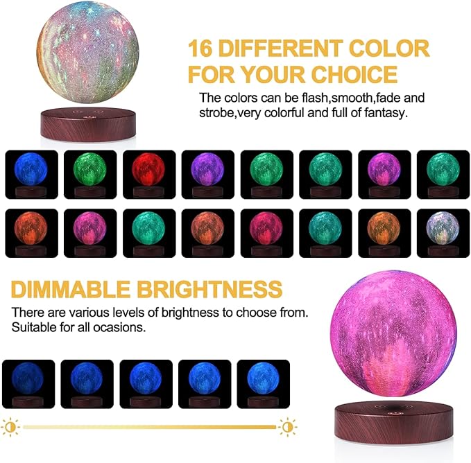 VGAzer Levitating Moon Lamp 5.9 Inch 16 Colors Galaxy Moon Lamp 3D Moon LED Light with Remote Control for Birthday for Baby, Children, Girls, Boys (Round Base)