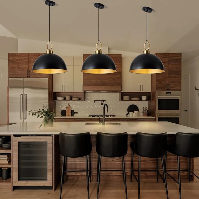 16.1" Large Farmhouse Pendant Lights Kitchen Island, Industrial Dome Pendant Light Fixture, Matte Black with Gold Handle Adjustable Height Hanging Island Light for Dining Room,Kitchen,Cafe