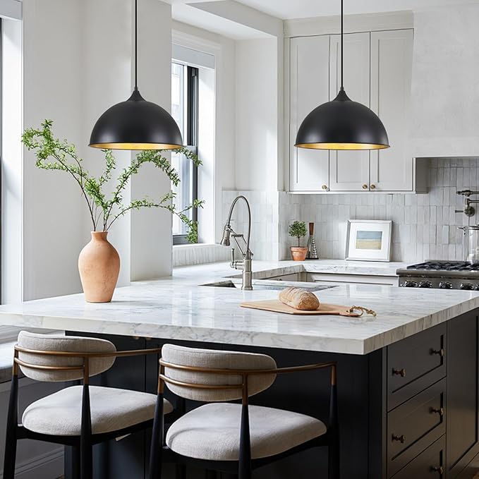 Pendant Lights Kitchen Island, 12" Black and Gold Dome Pendant Light Vintage Industrial Hanging Light Fixtures for Farmhouse Dining Room Restaurant Cafe Entryway