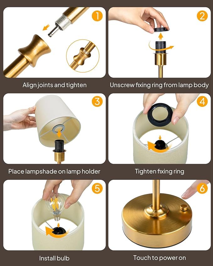 EppieBasic Cordless Table Lamp Rechargeable: Fast Charging & Long Lasting - 2700K Warm Light Vintage Gold Lamps - Dinning Living Room Bedroom - Beige Shade