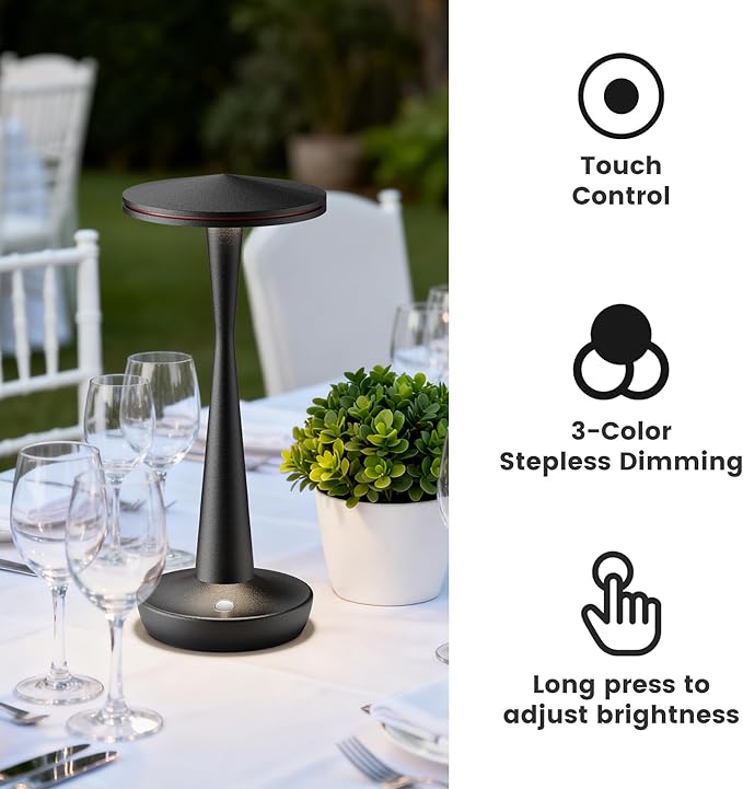 SAKRINGT Rechargeable Cordless Table Lamp, 72Hrs Battery Operated LED Table Light, Portable Touch Dimmable Lamp for Restaurant Patio Dining Outdoor Camping