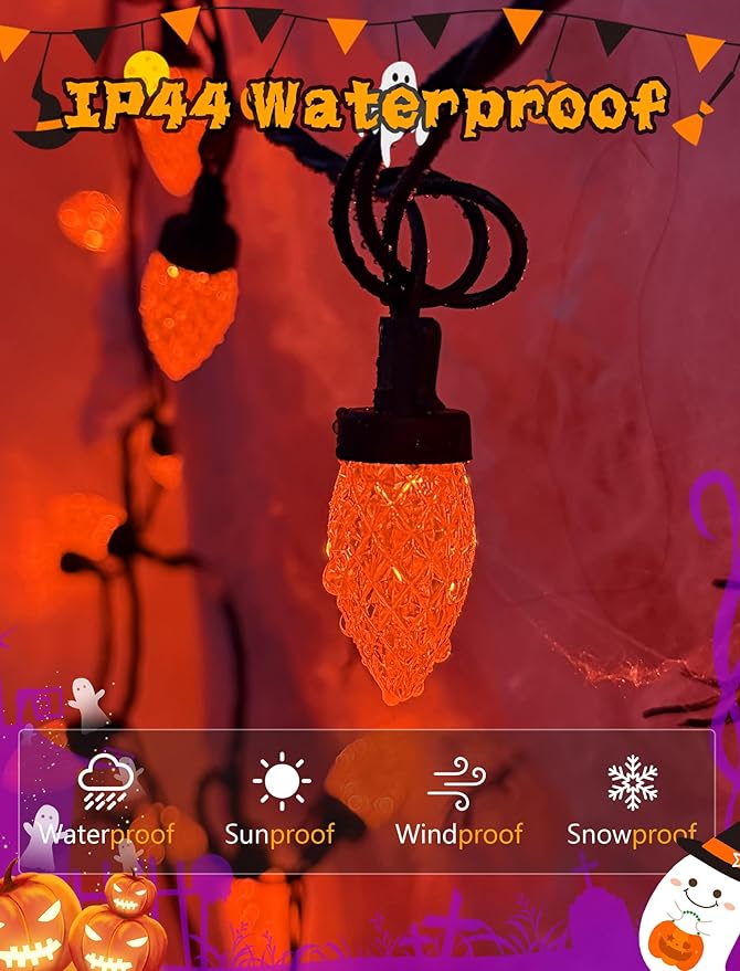 Orange Halloween String Lights Outdoor, 26Ft Halloween Decorations Lights with 50 C7 LED Strawberry Orange Bulbs, Hanging Outdoor Patio Light for Outside Roofline Fall House Window Holiday Party Decor