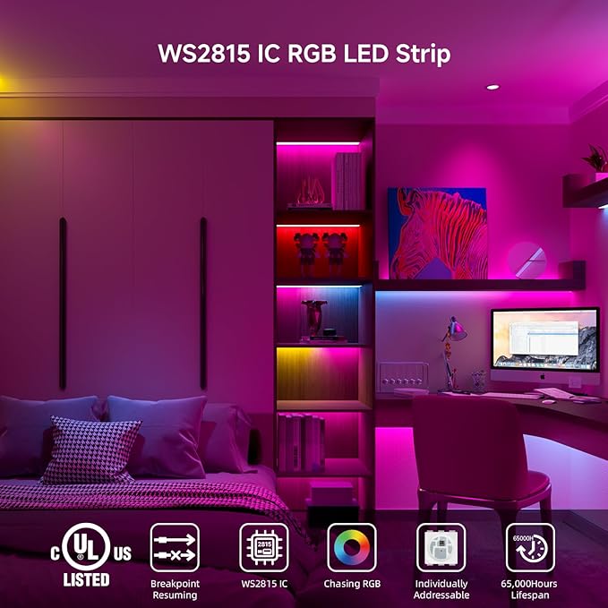 BTF-LIGHTING WS2815 (Upgraded WS2812B) LED Strip Light,UL Listed,16.4FT 150 LED/Pixels,Flexible Chasing RGB,Dual Signal Individually Addressable,5050SMD,3M Tape,DC12V IP30(No Adapter or Controller)