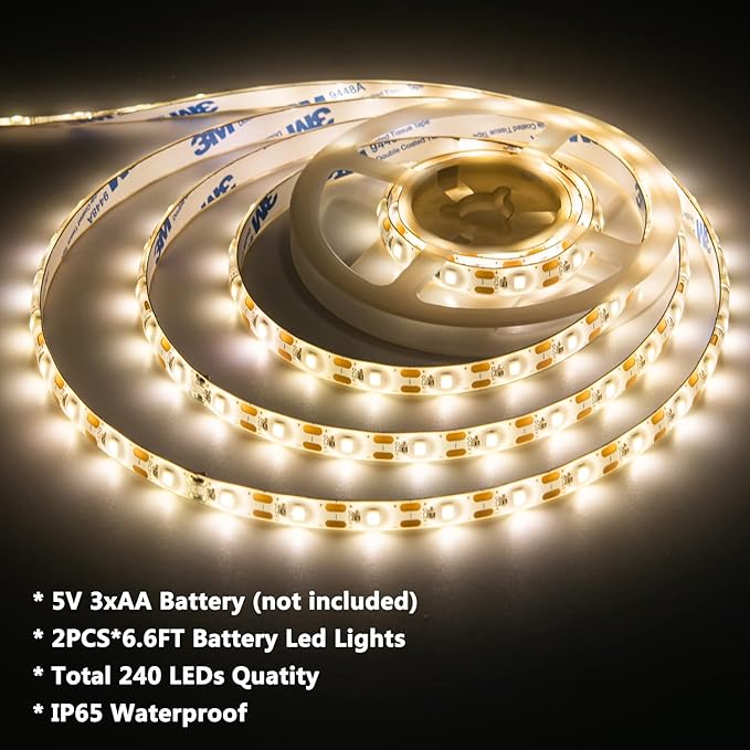 Battery-Powered LED Strip Lights Warm White with Remote, 2 Pack of 6.6ft, 240 2835 LED Warm White, Cuttable, Timer Function, Waterproof, Suitable for Wardrobe, Kitchen, Bedroom Decor.