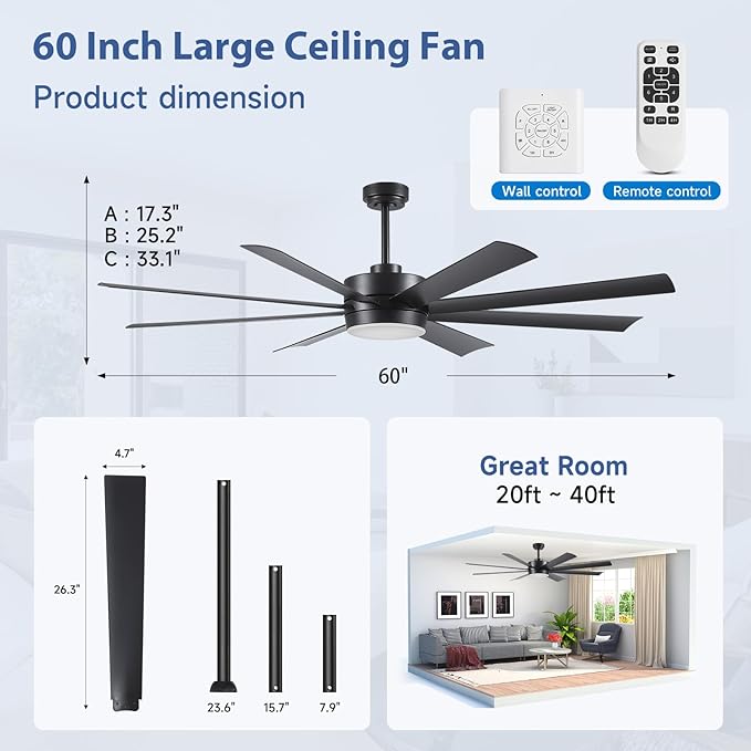 60 Inch Ceiling Fans with Lights, Ceiling Fans with Lights and Remote, Dimmable, Indoor/Outdoor Black Modern Ceiling Fan for Kitchen Living Room Patio, Shop Industrial, Dual Finish 8 Blades