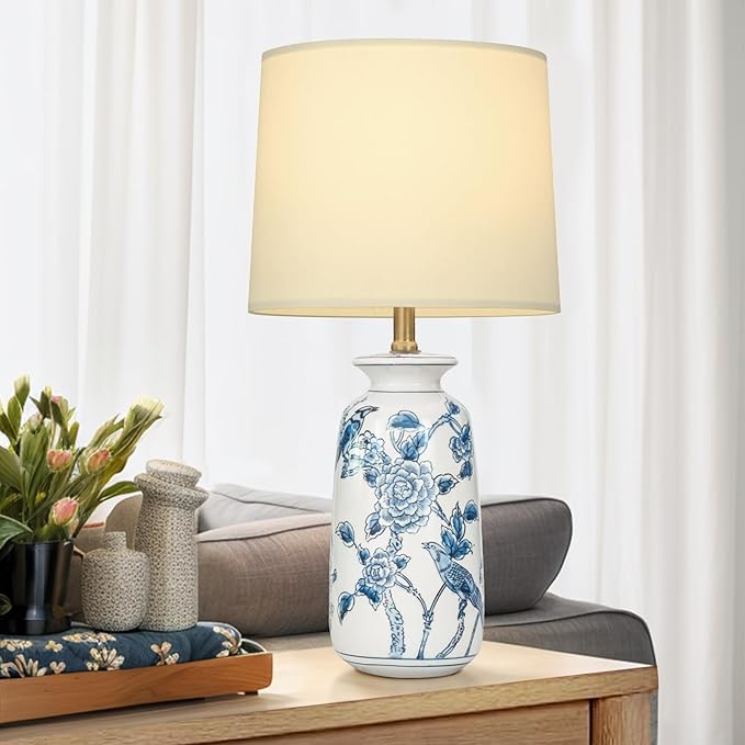 24.25" Blue Ceramic Table Lamp for Living Room, Classic Blue and White Lamp for End Table, Blue Birds and Flowers Lamps, Traditional China Nightstand Lamp for Bedroom