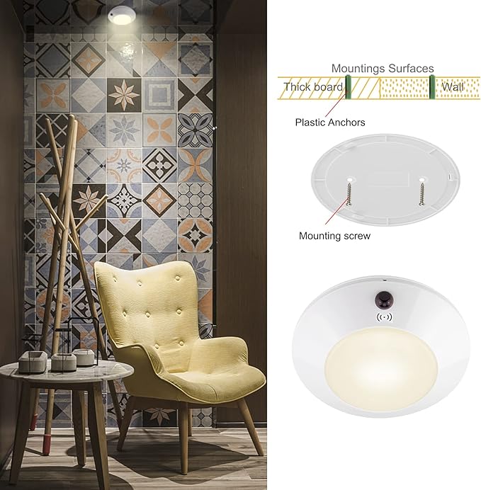BIGLIGHT Battery Operated LED Ceiling Light, Remote Controlled, 12 Color Changing Mood Light, Hallway Lighting, Dimmable Night Light for Shower Closet Bedroom Corridor Bathroom, 2 Pack