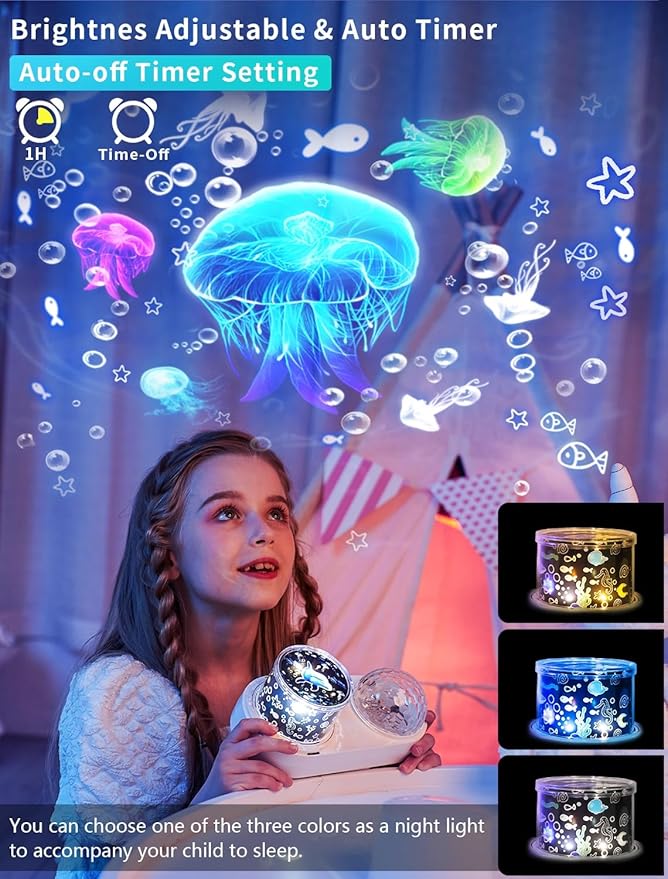 Ocean Wave Projector Night Light for Kids Bedroom - 10 Color Ocean Waves + 6 Films, 360 Rotation Timer for Kids, Baby Girls, Birthday, Christmas, Gifts, Ceiling, Room Decor