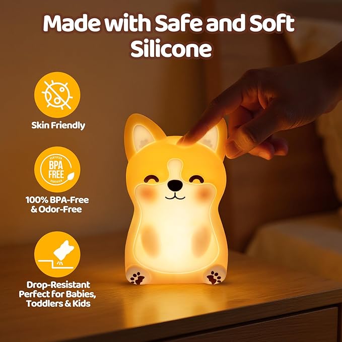 Mewaii BPA-Free Silicone丨 Huggwaii Corgi Dog Night Light for Kids, 3 Brightness Levels Nursery Dog Lamp, 30 Min Timer&Rechargeable Cute Puppy Kids Night Light for Bedroom Decor,Corgi Gifts for Boys