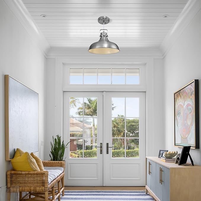 Brushed Nickel Farmhouse Pendant Lights Matte Pendant Lighting for Kitchen Island Industrial Adjustable Height Vintage Dome Hanging Light Fixtures for Barn, Dining Room 1 Pack