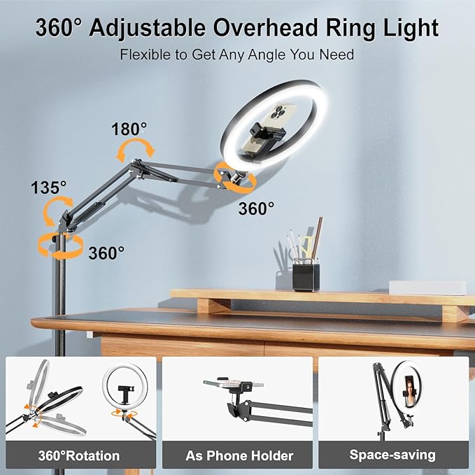 Upgrade Ring Light Overhead,Evershop Selfie Light with Stand and Phone Holder,10”Circle LED Portable Light with Remote Control