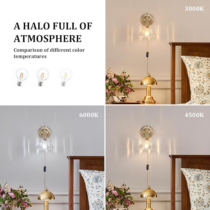 Plug in Wall Sconce Set of 2, Gold Vintage Wall Decor Lights with Clear Lily Glass Shade, Indoor Brass Corded Wall Lamp Fixture for Bedroom Living Room Bathroom Hallway