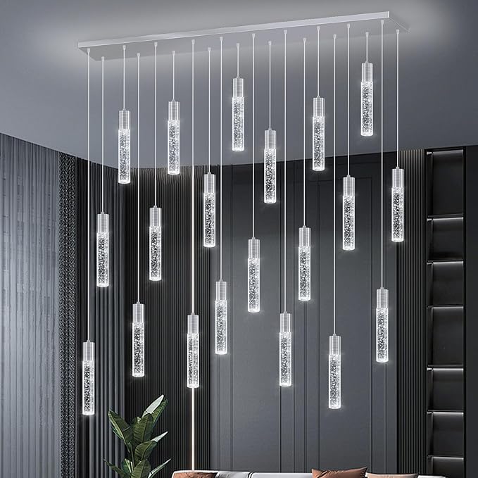 20-Lights Modern Crystal Chandeliers LED Pendant Light for Kitchen Island Dining Room Entrance Foyer Living Room Silver