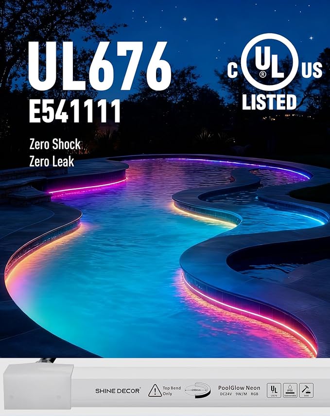 Shine Decor IP68 Waterproof LED Strip Light, 24V Pool Rated Submersible Silicone Neon, UL Listed Underwater Outdoor LED Rope Light for Pool Fountain Waterfall Bathtub, 16x16mm, RGB, 22.97FT