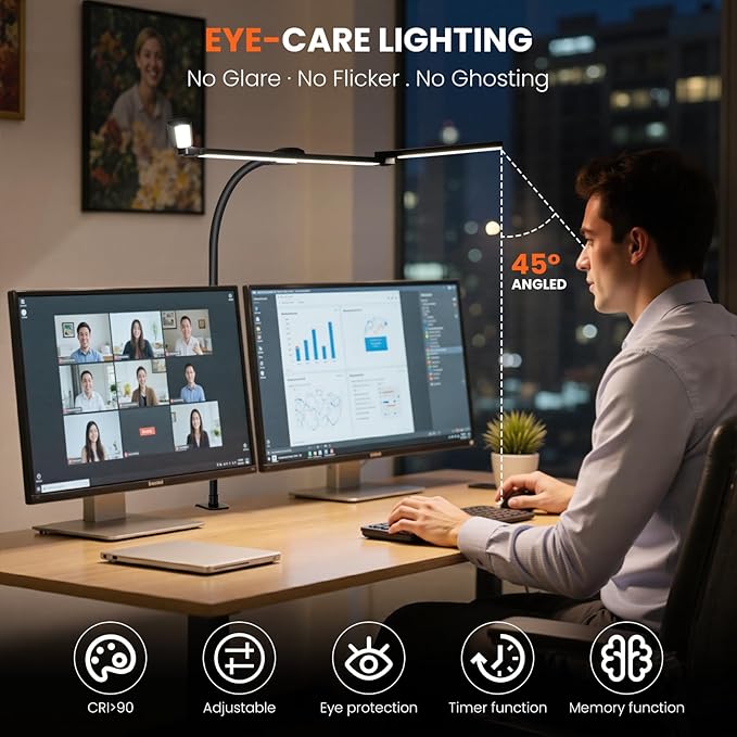 LED Desk Lamp for Office Home, Eye Caring Clip on Desk Light with Clamp, Architect Task Lamp Stepless Dimming, Computer Monitor Table Lamp 3 Head Adjustable Desk Lamp for Reading Study Workbench Black