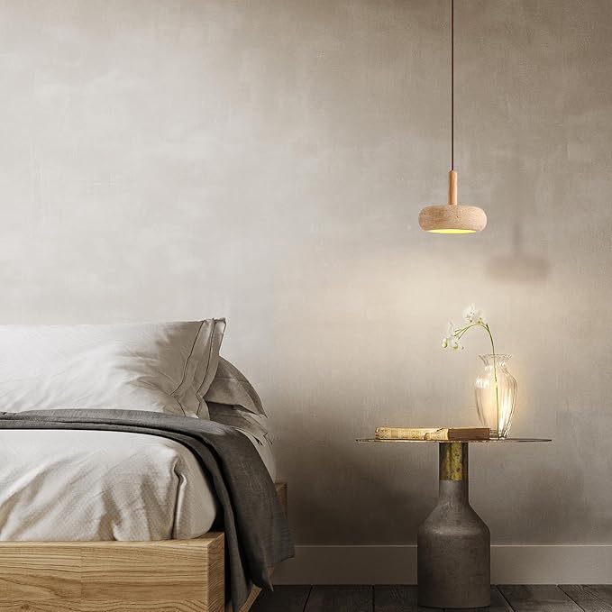 Wabi Sabi Pendant Light Natural Stone Shade Nordic Wood Chandelier,Yellow Travertine Cave Lamp, Japanese Style Lights 15W,Natural Stone Lights for Dining Room Bedside Kitchen Island Hallway