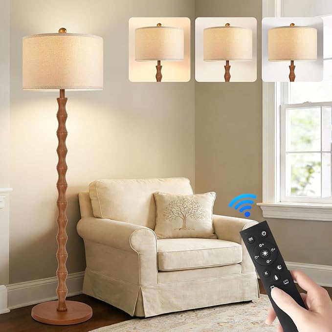 Wood Floor Lamp with 3 Color Temperatures,Boho Floor Lamp with Remote Control,Dimmable Vintage Floor Lamp Mid Century Modern Standing Lamp Farmhouse Tall Pole Lamp for Living Room Bedroom