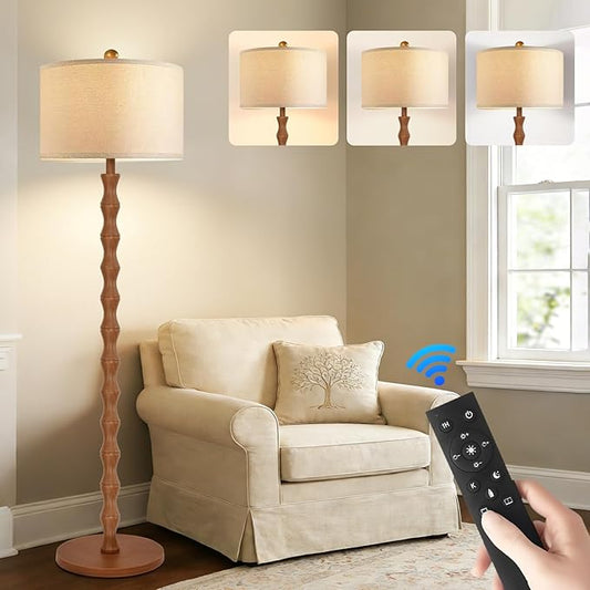 Wood Floor Lamp with 3 Color Temperatures,Boho Floor Lamp with Remote Control,Dimmable Vintage Floor Lamp Mid Century Modern Standing Lamp Farmhouse Tall Pole Lamp for Living Room Bedroom
