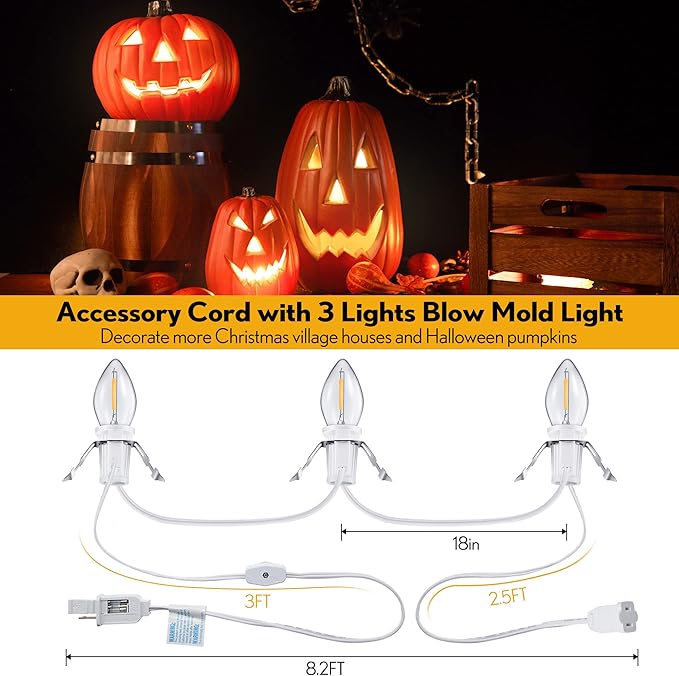 Meonum Accessory Cord with 3 LED Light Bulbs, 8.2 Ft Indoor Blow Mold Light Cord with Female Plug for Halloween Pumpkins Christmas Village Houses and Craft Projects Decoration, Warm White(3 Pack)