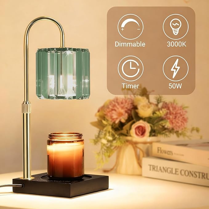 Candle Warmer Lamp Green with Timer, Dimmable Electric Candle Wamer Adjustable Height, Gifts for Women Mom, Glass Modern Candles Melter Lamp