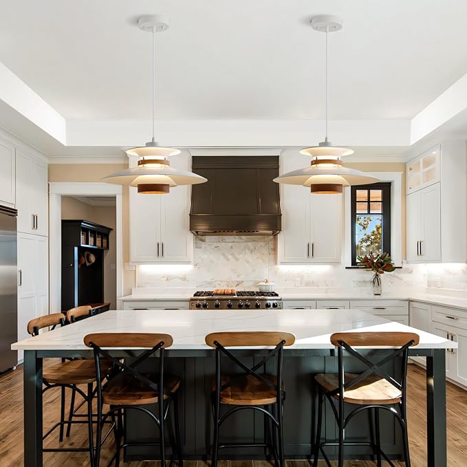 Modern Decor Adjustable Pendant Lamp Kitchen Island, Aluminum and Wood Finish,1-Light E26 Base Ceiling Hanging Light for Dining Room Shop Restaurant (White+Dark Wood Grain, 35cm)