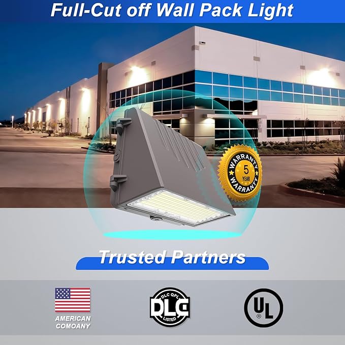 LED Full Cut Off Wall Pack Light with Dusk to Dawn Photocell, 60/90/100/120W Wattage Selectable, 3CCT 3000K/4000K/5000K, IP65 Waterproof Dimmable Outdoor Wall Light, AC120-277V DLC UL Listed