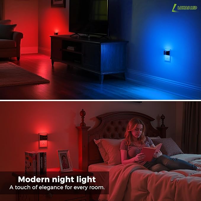 L LOHAS LED Night Light with Motion Sensor & Dusk to Dawn Sensor, Night Lights Plug into Wall with 30-100lm Adjustable Brightness, Dimmable Night Light for Bathroom Hallway, Red, 4 Pack