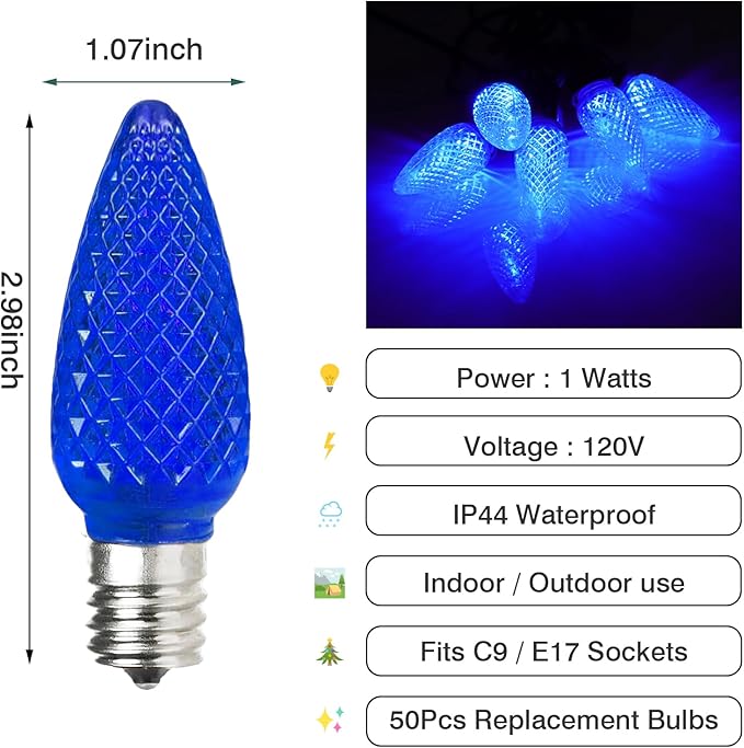50PCS C9 Led Christmas Light Bulbs - C9 Led Bulbs with E17 Base Sockets Replacement Bulbs for Outdoor String Lights - Commercial Grade Blue