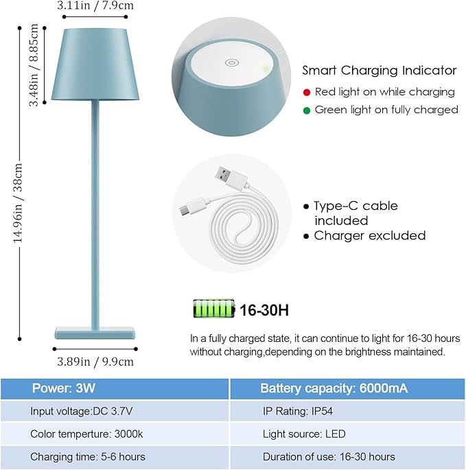 2 Packs Rechargeable LED Table Lamp,Outdoor Cordless Table Lamp Waterproof Portable, Stepless Dimmable Modern Lamp for Restaurant/Bedroom/Outdoor (Blue)