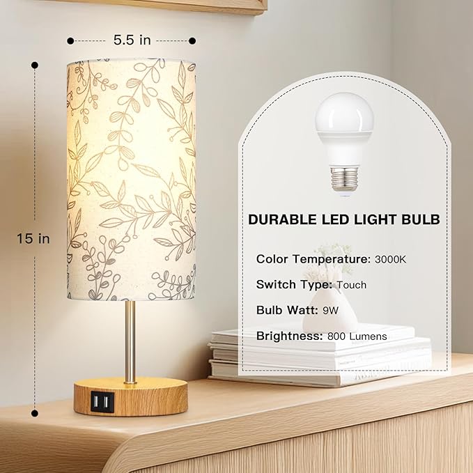 Bedside Touch Lamps for Nightstand with 2 USB Charging Ports, 3 Way Dimmable Wood Bedroom Lamp with Flower Fabric Shade, Small Table Lamp for Living Room Reading Desk (LED Bulb Included)