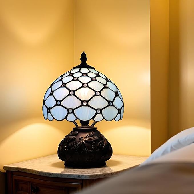 Small Tiffany Mushroom Table Lamp,Mini Memory Sympathy Antique lamp 8X11 Inch (Sea Blue Beads)