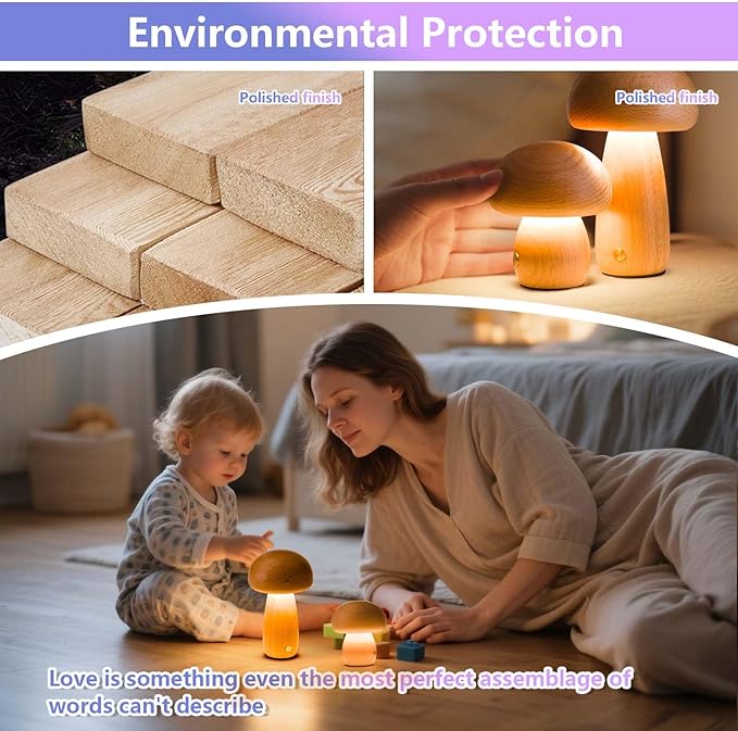Mushroom-Night-Lights Rechargeable, Cordless Wooden Mushroom Table Lamps, Portable Desk Lamps for Bedroom, Studyroom, Living Room, Office, Birthday Gifts(2 Packs)