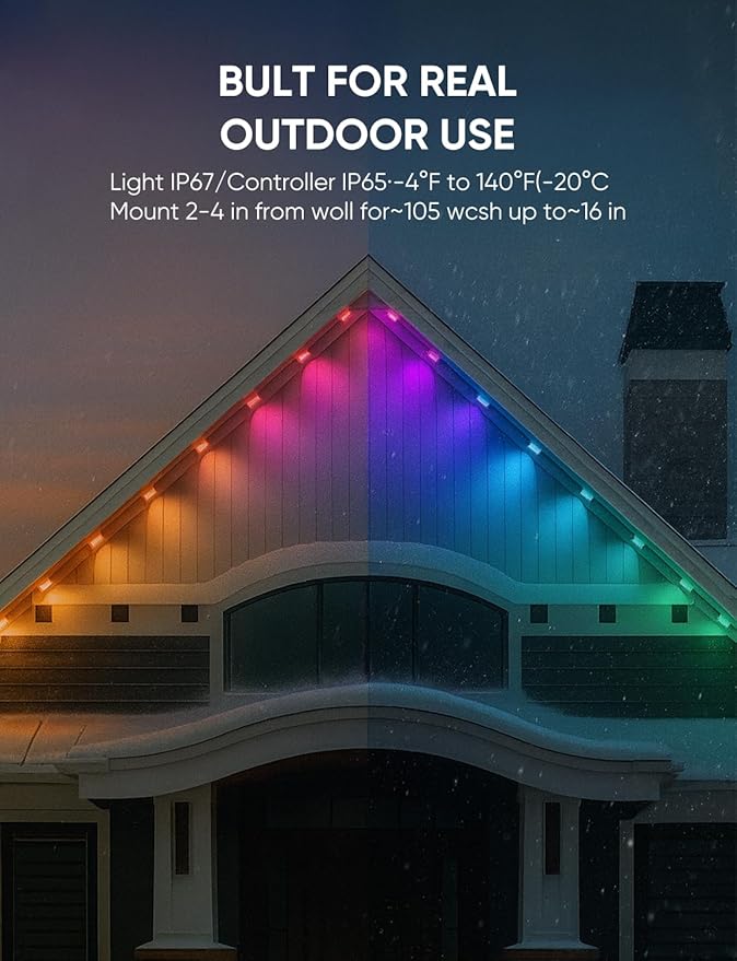 Smart Permanent Outdoor Lights, RGB with IC + White(6000K), Under-Eave Lighting, 100ft/72 LEDs/IP67 Light / IP65 Controller, 111+ Scenes, Music Sync, Alexa/Google, Wi-Fi/Voice/Remote Control