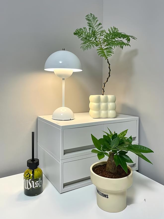 Flower Bud Lamp Modern Flowerpot Cordless Mushroom Touch Table Lamp 3 Mode Dimmable Rechargeable Desk Lamp for Bedroom (White)