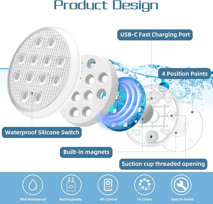 Pool Lights, Rechargeable Submersible Led Lights with Remote, Built-in Magnet 16 Color Changing Floating Lights, IP68 Waterproof Underwater Lights for hot tubs, Pool Decor(2 Pack)