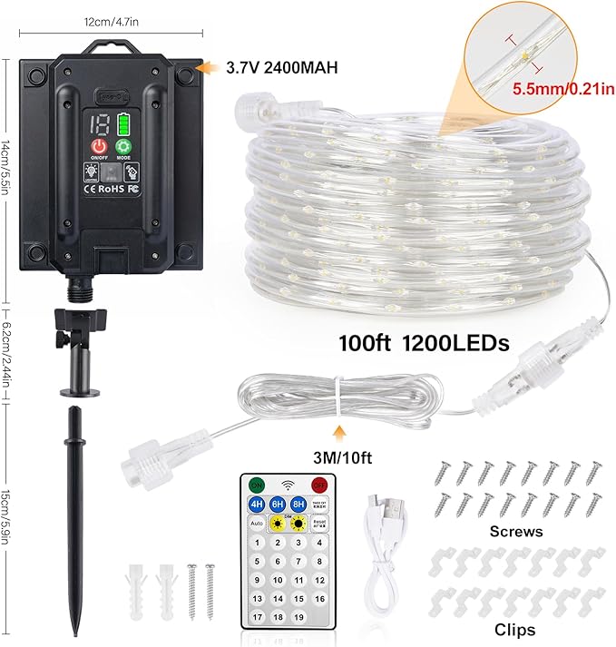 OMIKA 100ft 1200 LEDs Solar Rope Lights, USB Charging, 20 Lighting Modes, Dimmable Timer Remote Control, IP68 Waterproof for Outdoor Trees, Parties, Gardens, Weddings, Christmas Decorations