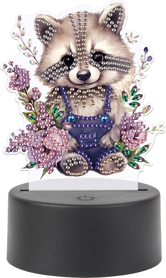 Raccoon Diamond Art Painting Night Light,Diamond Art Painting Kits Desktop Touch Lamp Ornaments for Tabletop Decor Diamond Art Accessories for Adult Beginner Bedrooms Living Room