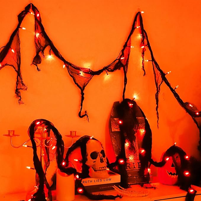 Halloween Fairy String Lights Indoor,Orange Battery Operated Lights, 30LED Battery Powered Timer 8 Mode 9.9Ft, Fall Garland with Black Cloth Gauze for Party Room Mental Fireplace Decorations (1PACK)