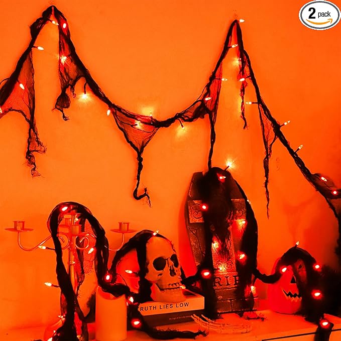 YAOZHOU Halloween Decorations String Lights Indoor, Orange 30LED with Black Gauze, Timer Battery Operated 9.9Ft Creepy Cloth Spooky Lights, Gothic Party Room Decor 2 Mode(2Pack)